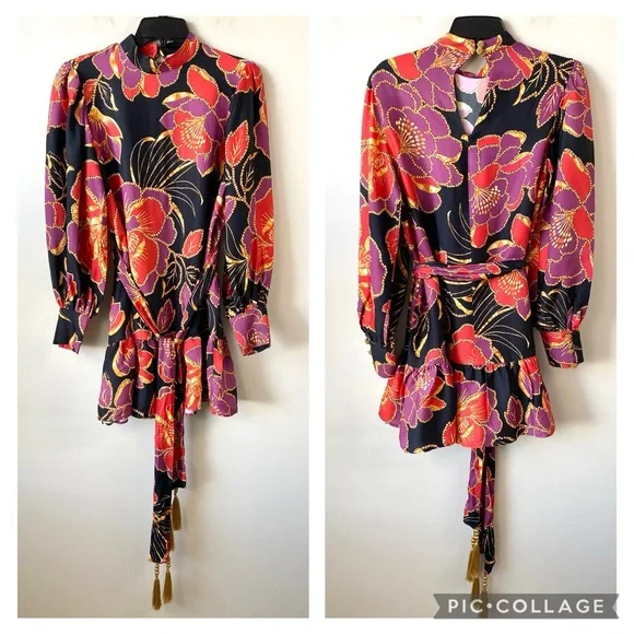 Farm Rio Shiny Chita Mini Dress Black Combo S - Picture 3 of 9